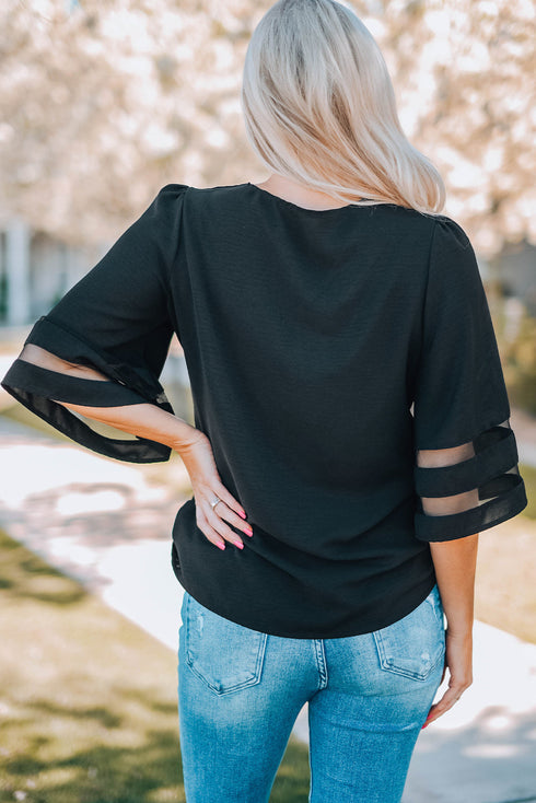 Sheer Mesh Panel Bell Sleeve V Neck Blouse