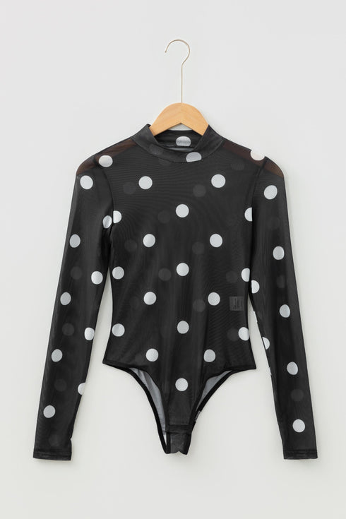Sheer Mesh Polka Dot Long Sleeve Mock Neck Bodysuit