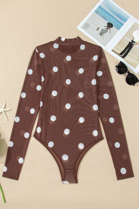Sheer Mesh Polka Dot Long Sleeve Mock Neck Bodysuit