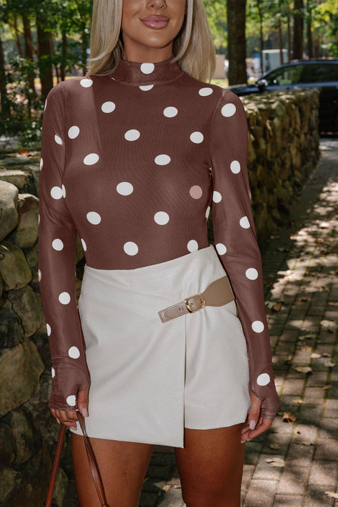 Sheer Mesh Polka Dot Long Sleeve Mock Neck Bodysuit