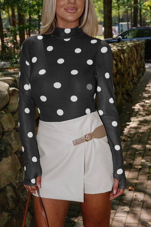 Sheer Mesh Polka Dot Long Sleeve Mock Neck Bodysuit