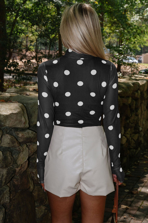 Sheer Mesh Polka Dot Long Sleeve Mock Neck Bodysuit
