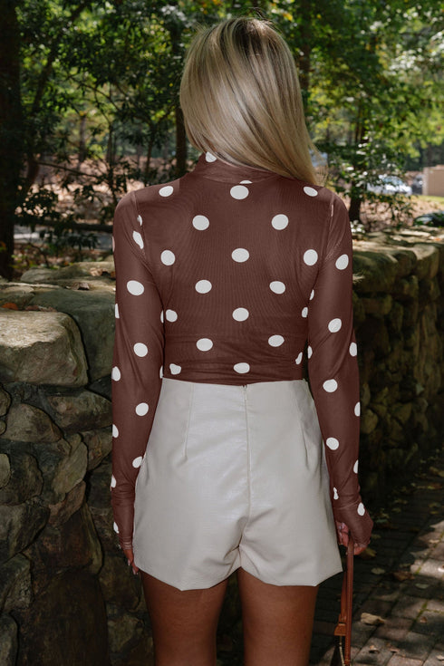 Sheer Mesh Polka Dot Long Sleeve Mock Neck Bodysuit