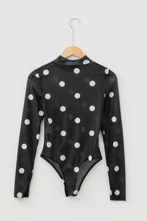 Sheer Mesh Polka Dot Long Sleeve Mock Neck Bodysuit