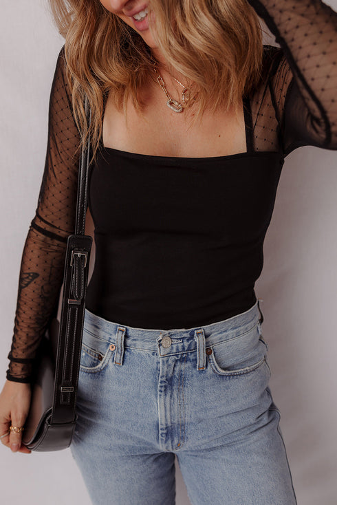 Sheer Mesh Polka Dot Square Neck Long Sleeve Bodysuit