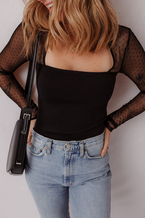 Sheer Mesh Polka Dot Square Neck Long Sleeve Bodysuit