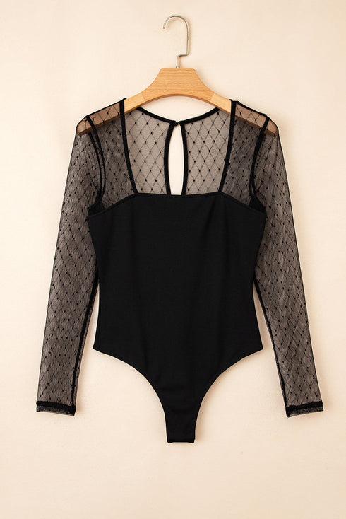 Sheer Mesh Polka Dot Square Neck Long Sleeve Bodysuit