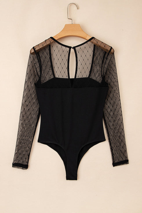 Sheer Mesh Polka Dot Square Neck Long Sleeve Bodysuit
