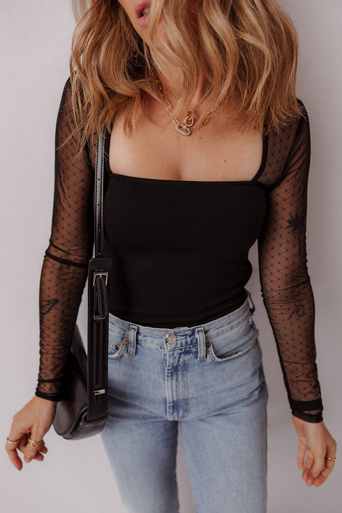 Sheer Mesh Polka Dot Square Neck Long Sleeve Bodysuit