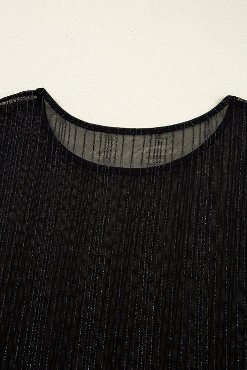 Sheer Mesh Rhinestone Shimmer Fitted Long Sleeve Top