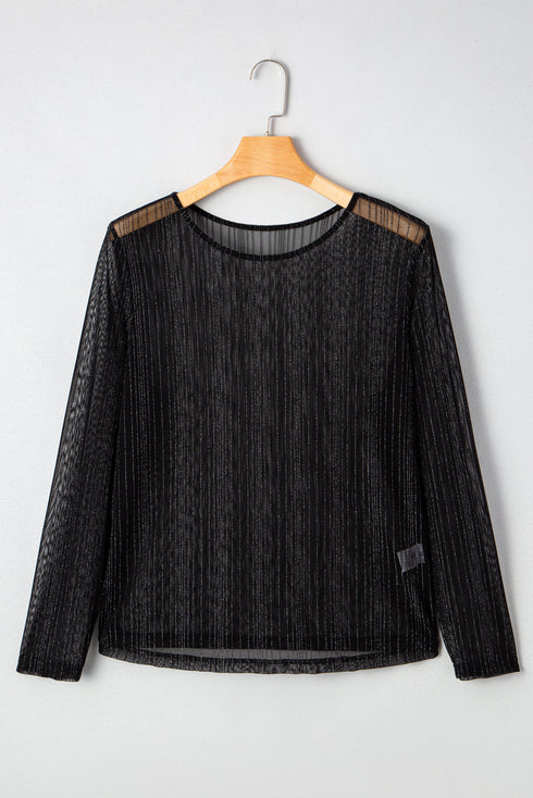 Sheer Mesh Rhinestone Shimmer Fitted Long Sleeve Top