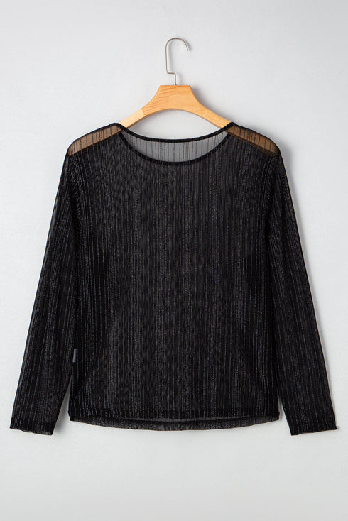 Sheer Mesh Rhinestone Shimmer Fitted Long Sleeve Top