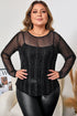 Sheer Mesh Rhinestone Shimmer Fitted Long Sleeve Top