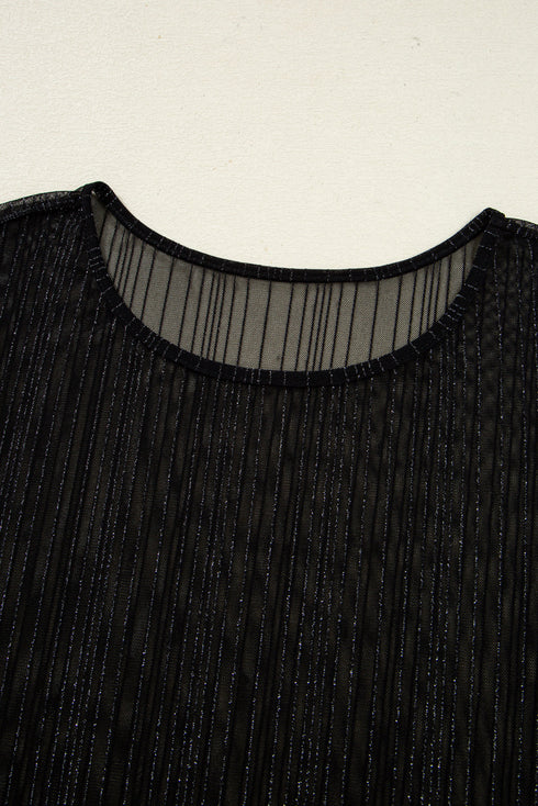 Sheer Mesh Rhinestone Shimmer Fitted Long Sleeve Top