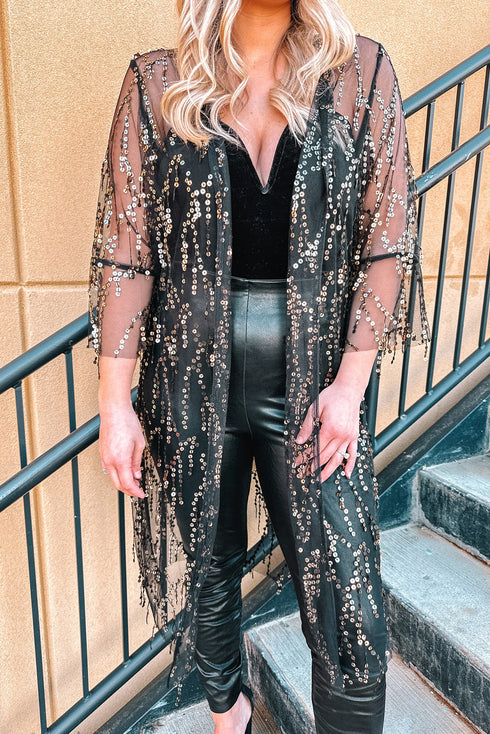 Sheer Mesh Sequin Embellished Open Front Kimono