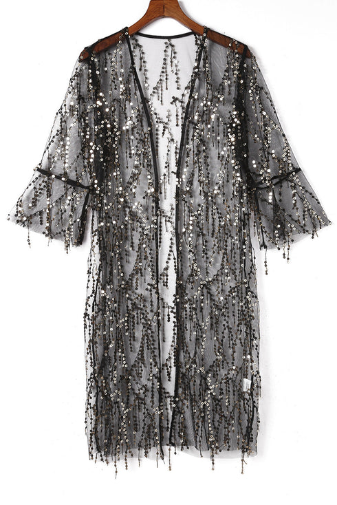 Sheer Mesh Sequin Embellished Open Front Kimono