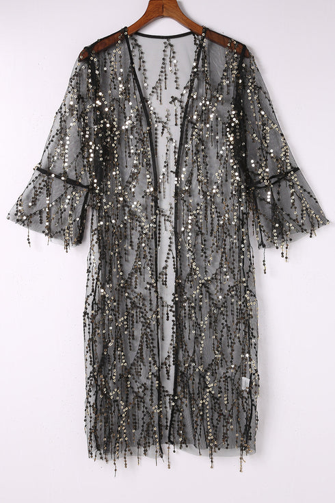 Sheer Mesh Sequin Embellished Open Front Kimono