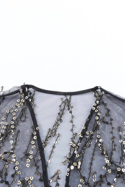 Sheer Mesh Sequin Embellished Open Front Kimono
