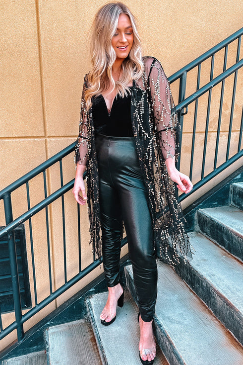 Sheer Mesh Sequin Embellished Open Front Kimono