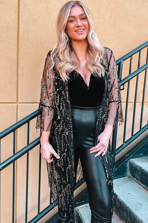 Sheer Mesh Sequin Embellished Open Front Kimono