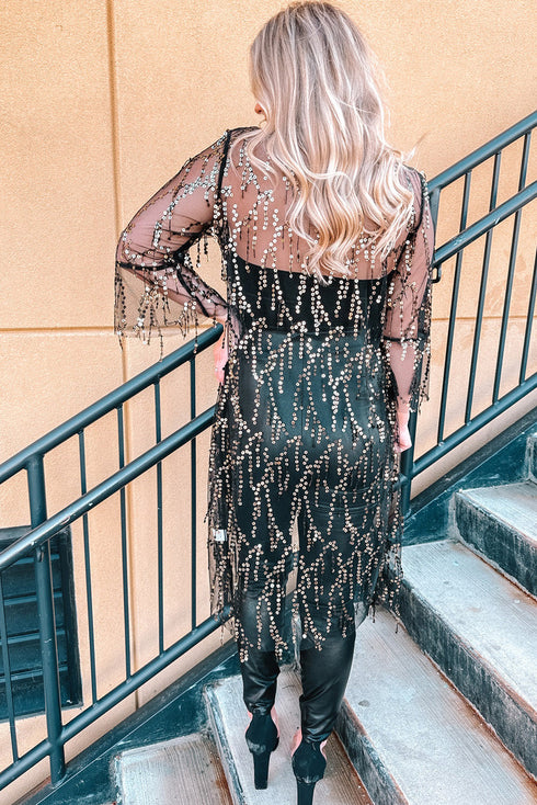 Sheer Mesh Sequin Embellished Open Front Kimono