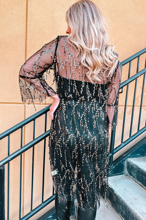 Sheer Mesh Sequin Embellished Open Front Kimono