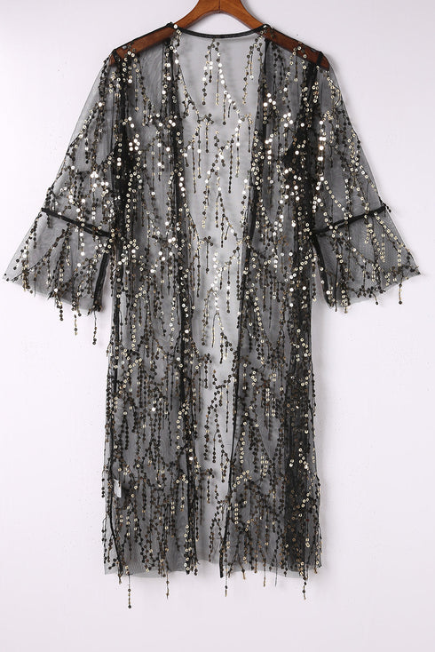 Sheer Mesh Sequin Embellished Open Front Kimono