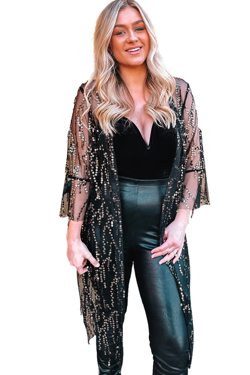 Sheer Mesh Sequin Embellished Open Front Kimono