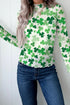 Sheer Mesh Shamrock Pattern High Neck Lettuce Trim Top