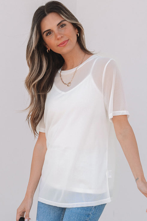 Sheer Mesh Short Sleeve Crew Neck Top