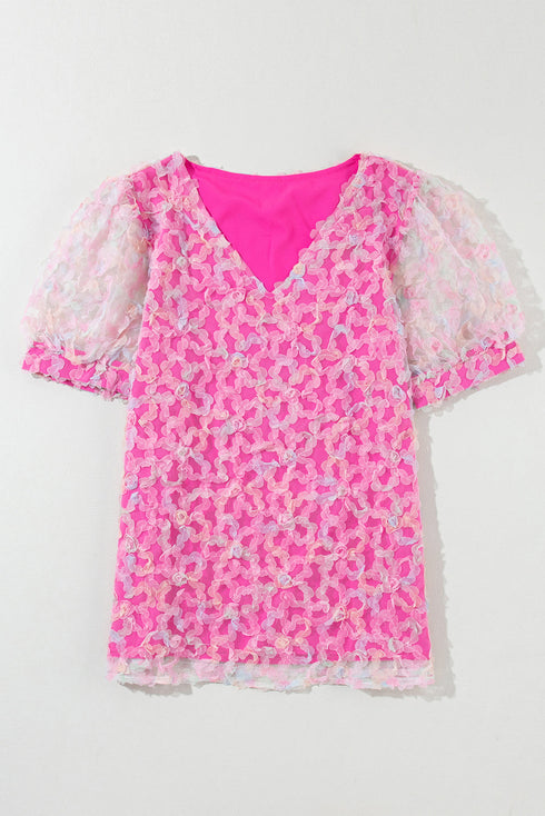 Sheer Mesh Square Neck Puff Sleeve Blouse