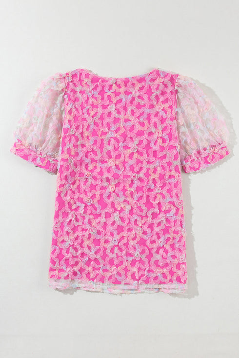 Sheer Mesh Square Neck Puff Sleeve Blouse