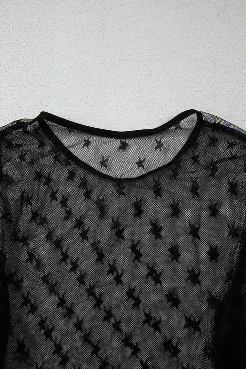 Sheer Mesh Star Print Fitted Long Sleeve Top