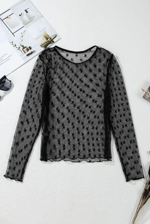Sheer Mesh Star Print Fitted Long Sleeve Top