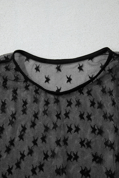 Sheer Mesh Star Print Fitted Long Sleeve Top