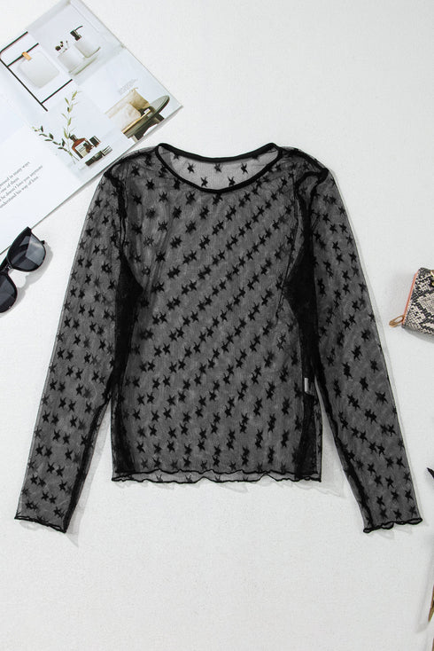 Sheer Mesh Star Print Fitted Long Sleeve Top