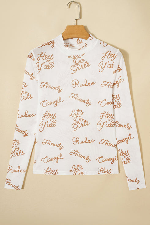 Sheer Mesh Western Graphic Mock Neck Long Sleeve Top
