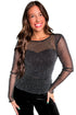 Sheer Metallic Glitter Mesh Fitted Long Sleeve Top