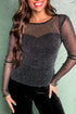 Sheer Metallic Glitter Mesh Fitted Long Sleeve Top