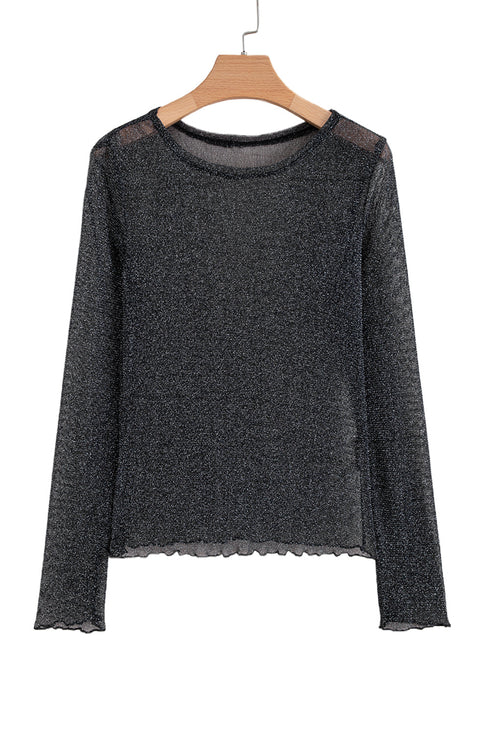 Sheer Metallic Glitter Mesh Fitted Long Sleeve Top