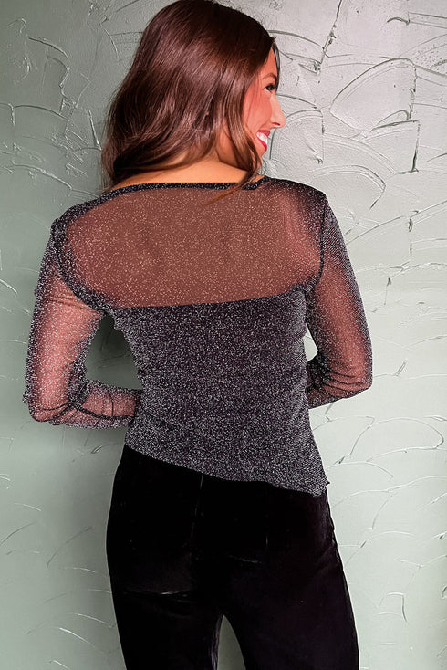 Sheer Metallic Glitter Mesh Fitted Long Sleeve Top