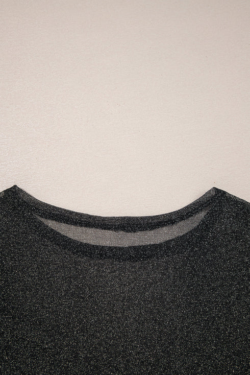 Sheer Metallic Glitter Mesh Fitted Long Sleeve Top