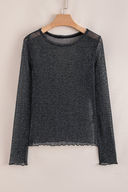 Sheer Metallic Glitter Mesh Fitted Long Sleeve Top