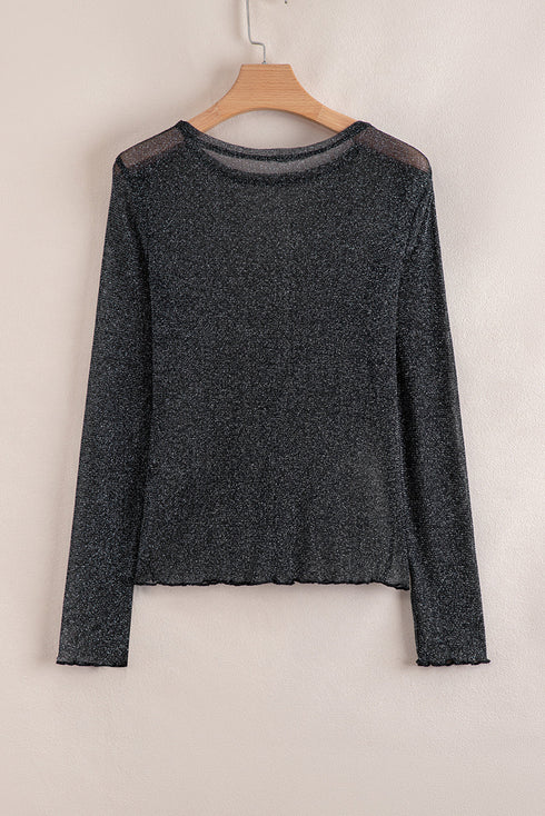 Sheer Metallic Glitter Mesh Fitted Long Sleeve Top