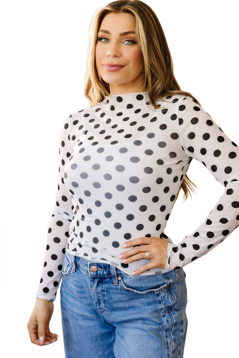 Sheer Polka Dot Mesh Stand Neck Long Sleeve Top