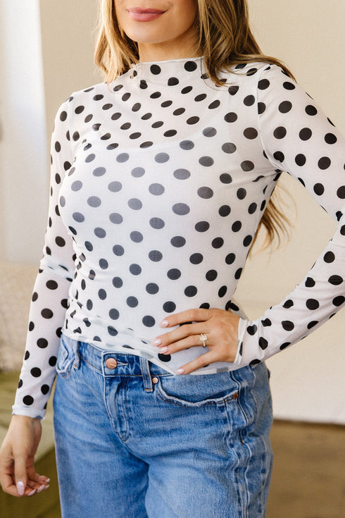 Sheer Polka Dot Mesh Stand Neck Long Sleeve Top