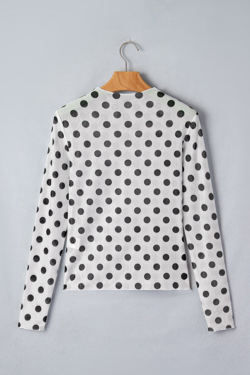 Sheer Polka Dot Mesh Stand Neck Long Sleeve Top