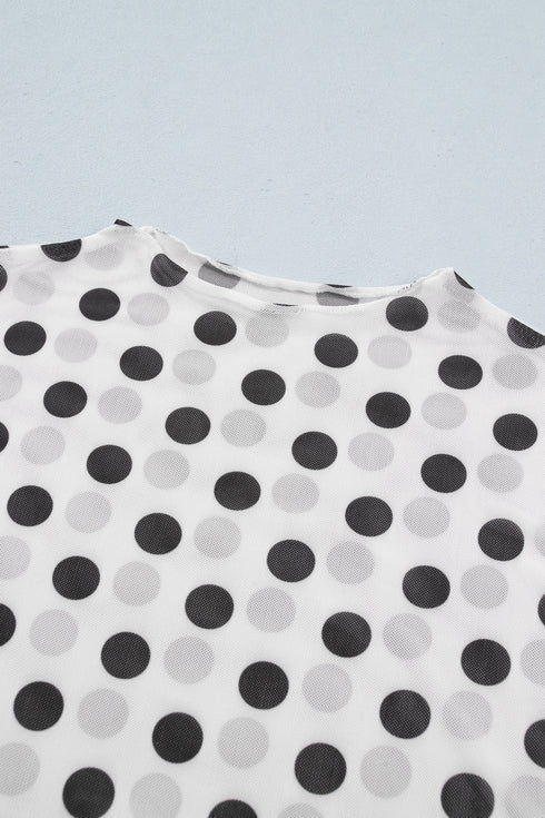 Sheer Polka Dot Mesh Stand Neck Long Sleeve Top