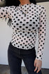 Sheer Polka Dot Mesh Stand Neck Long Sleeve Top
