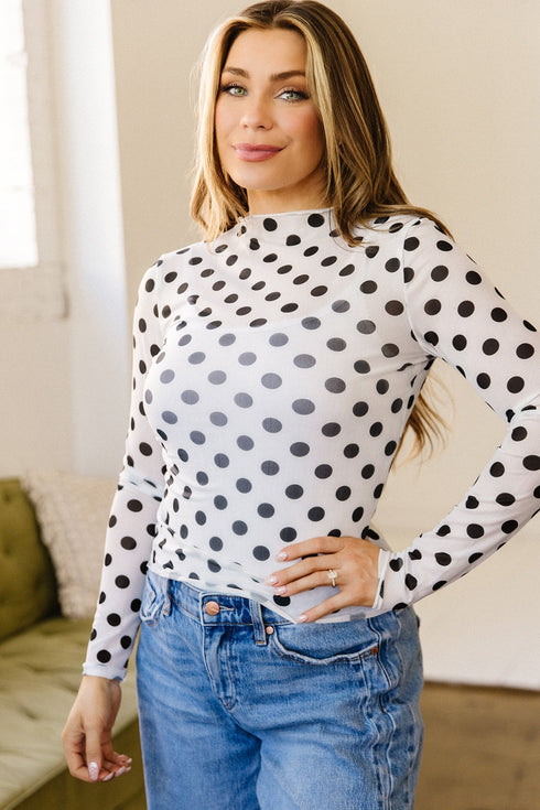 Sheer Polka Dot Mesh Stand Neck Long Sleeve Top